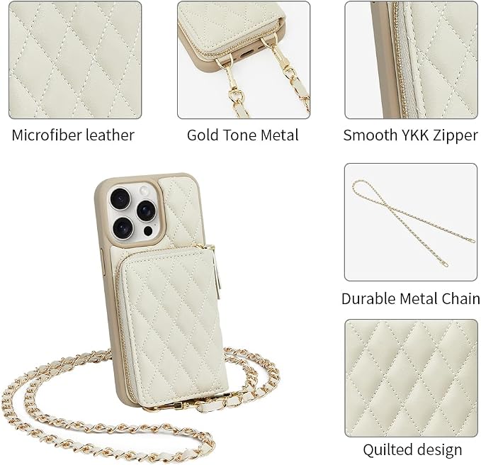 LAMEEKU Compatible with iPhone 14 Pro Wallet Case, Quilted Leather Card Holder with Crossbody Chain, RFID Shockproof, 6.1 Inch - Beige
