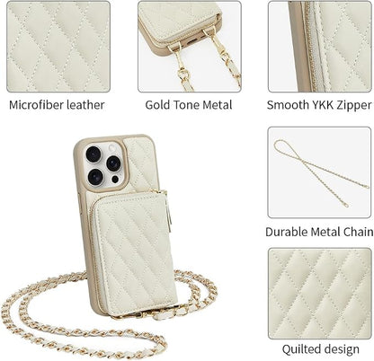 LAMEEKU Compatible with iPhone 14 Pro Wallet Case, Quilted Leather Card Holder with Crossbody Chain, RFID Shockproof, 6.1 Inch - Beige