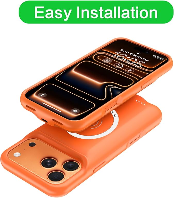 Battery Case for iPhone 17 Pro Max,12000mAh Rechargeable Portable Charging Case with Wireless Charging Compatible for iPhone 17 Pro Max (6.9inch) with Carplay Extend Battery Pack Charger Cover -Orange