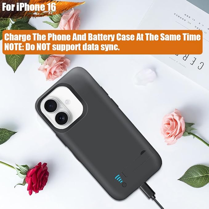 Battery Case for iPhone 16, 5000mAh Rechargeable Extended Battery Charging/Charger Case, Add 100% Extra Juice (6.1 Inches) Black