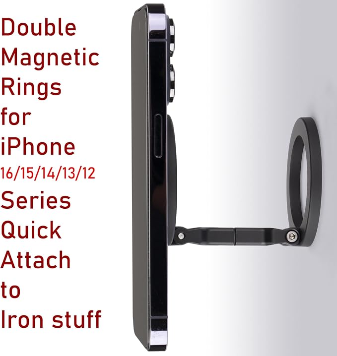 Double Magnetic Ring Phone Holder – Quick Attach to Any Iron Surface | Swivel & Tilt Adjustable | Compatible with iPhone 17/6/15/14/13/12 Series & Magnetic Cases