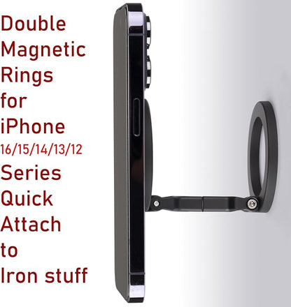 Double Magnetic Ring Phone Holder – Quick Attach to Any Iron Surface | Swivel & Tilt Adjustable | Compatible with iPhone 17/6/15/14/13/12 Series & Magnetic Cases