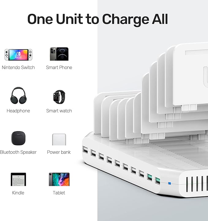 iPad Charging Station, Unitek 96W 10-Port USB Charging Dock Hub with Quick Charge 3.0, Charging Stand Compatible Multiple Device, Charging 8 iPads Simultaneously - [Upgraded Divider]