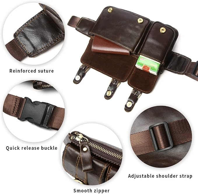 Vintage Leather Waist Bag Fanny Pack for Men Women Hip Bum Bag Belt Slim Cell Phone Purse Wallet Vintage Retro Crossbody Sling Pouch Brown