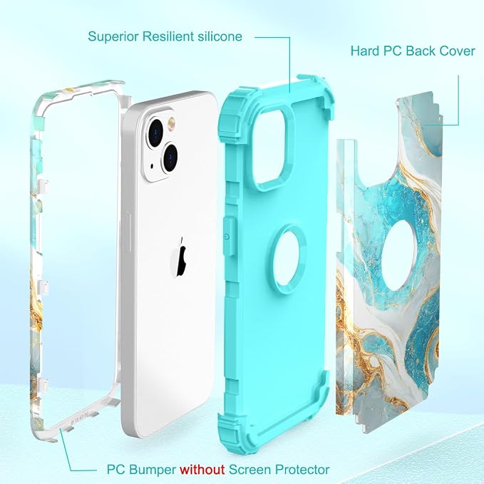 Hocase Heavy Duty Shockproof Protection Soft Silicone Rubber+Hard Plastic Bumpers Hybrid Protective Case for iPhone 13/14 (6.1") - Teal