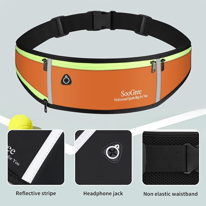 SooGree Men Women Running Belts,Slim Sport Belts,Waterproof Running Fanny Pack,Waterproof Running Waist Packs with Reflective Strip,Runner Belt for Running Walking Cycling Camping Gym (Orange)