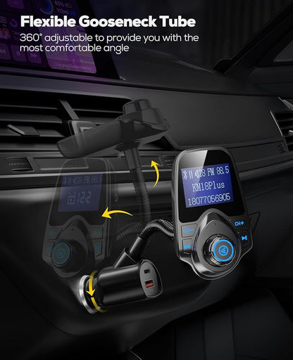 Nulaxy [2026 KM18 Upgraded Version] 48W Bluetooth 5.4 Car Adapter with Fasting Charging Ports [PD 30W & QC3.0 18W], Supports Hands-Free Call, 1.44" Screen Wireless Radio FM Transmitter, Black