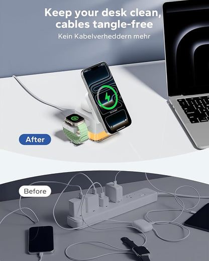 KPON for iPhone Nightstand Charging Station,15W 3 in 1 Wireless Phone Charger Stand with Night Lamp, Travel Foldable Magnetic Cube Magsafe Dock for iPhone 17 16 15 14 13 12 Series/Apple Watch/Airpods