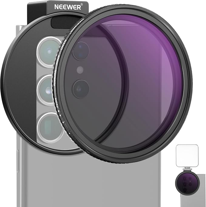 NEEWER 67mm Clip On Variable ND Filter Kit with Cold Shoe Phone Clip, Adjustable ND2-32 Filter Compatible with iPhone 17 16 15 Pro Max Plus Android Samsung Galaxy S24 S25 Ultra