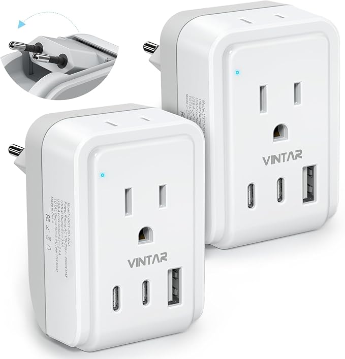 2 Pack European Travel Plug Adapter, VINTAR Foldable International Power Adapter with 2 AC Outlets 3 USB Charging Ports(2 USB C), Type C Power Adaptor to Most Europe Italy Spain France Iceland Germany