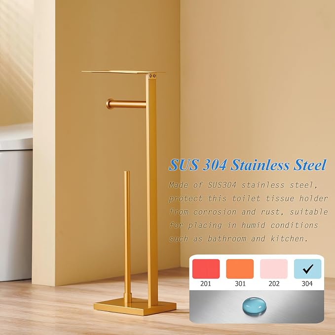 Freestanding Toilet Paper Holder Stand with Storage Tray – Gold Stainless Steel Bathroom Tissue Dispenser, Square Design