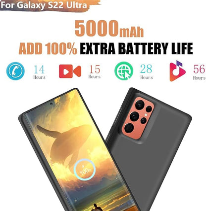 [Upgraded] Battery Case for Samsung Galaxy S22 Ultra, 5000mAh Rechargeable Extended Battery Charging Charger Case, Add 100% Extra Juice, Not Compatible with S22 or S22+ (6.8 inch) Black