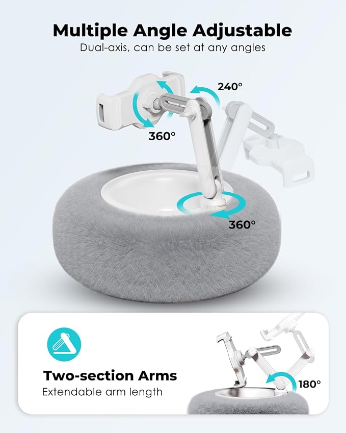 Viozon Tablet Stand Pillow, Compatible with 4.7"-13" Phone/Tablet, iPad, iPhone, Samsung, Google, Kindle, 360°Adjustable Phone Holder for Bed with Soft Plush Fabric, and Detachable Bowl, Grey