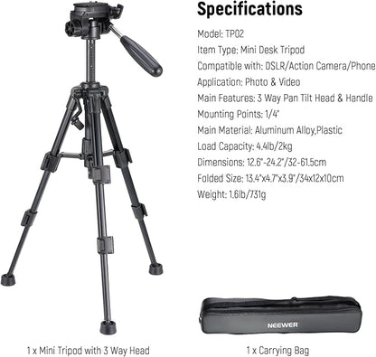 NEEWER Basic Mini Desk Tripod for Camera with 3 Way Pan Tilt Head & Handle, Small Portable Metal Tabletop Selfie Stick Stand with 1/4" Screw for DSLR Vlog Video Recording, Max Load 13.2lb, TP02