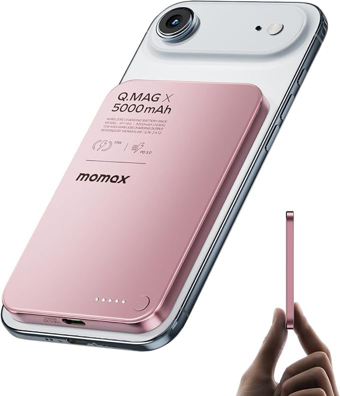 MOMAX Magnetic Wireless Power Bank 5000mAh, Ultra-Slim 0.3" MagSafe-Compatible Portable Charger, 20W USB-C PD Fast Charging, for iPhone 17/16/15/14/13/12 Series, Samsung Galaxy & Google Pixel