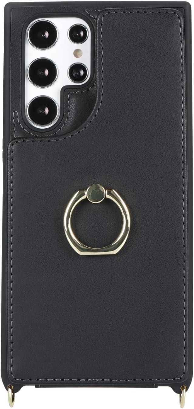 Lipvina for Samsung Galaxy S22 Ultra Case with Card Holder and Strap for Women,Crossbody Lanyard,RFID Blocking,Ring Stand,Snap Clasp,Phone Wallet Cases 6.8 inch(Black)