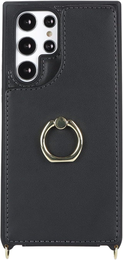 Lipvina for Samsung Galaxy S22 Ultra Case with Card Holder and Strap for Women,Crossbody Lanyard,RFID Blocking,Ring Stand,Snap Clasp,Phone Wallet Cases 6.8 inch(Black)