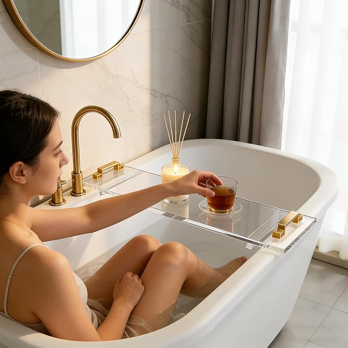 33in Clear Acrylic Bathtub Caddy with Metal Handles, Multifunctional Bath Tub Tray Bathtub Shelf Tray Simple Bath Board for Wine Glass,Book & Bathroom Essentials, Tubs Spa Gift for Men & Women