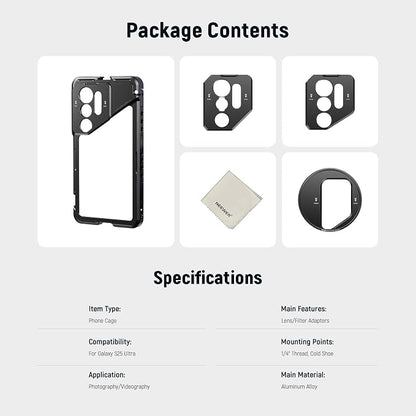NEEWER S25 Ultra Phone Cage, Mobile Video Rig Phone Stabilizer with 67mm Filter Adapter, 17mm Lens Backplate, T Mount Adapter Compatible with Moment Samsung Galaxy S25 Ultra, 1x Cleaning Cloth, PA082