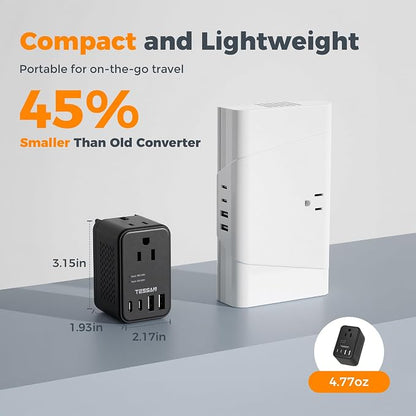 TESSAN 220 to 110 Voltage Converter, Black | US to Europe, 4 USB Ports (2 USB C), 2 AC Outlets, EU/UK/AU Plug, Step Down Transformer