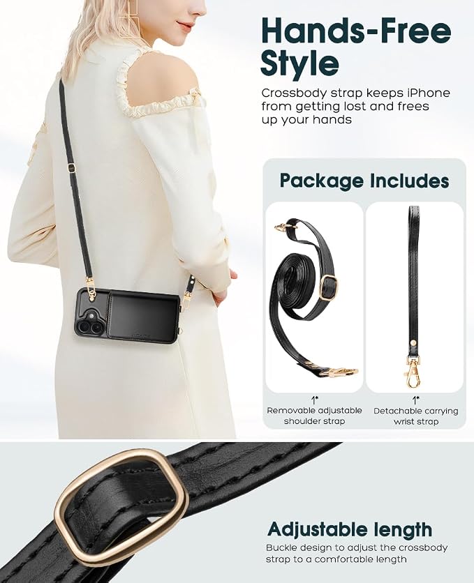 OCASE Compatible with iPhone 16 Crossbody Wallet Case with Card Holder, PU Leather Zipper Handbag Phone Purse with RFID Blocking Kickstand Wrist Strap Lanyard 6.1 Inch, Black