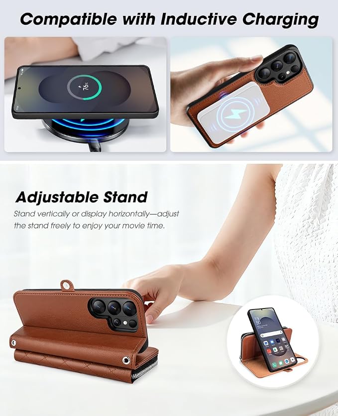 OCASE for Samsung Galaxy S26 Ultra Crossbody Detachable Wallet Case, PU Leather Handbag Phone Purse with Zipper Closure, Card Slots & RFID Blocking, Wrist Strap, Lanyard, Kickstand, Brown