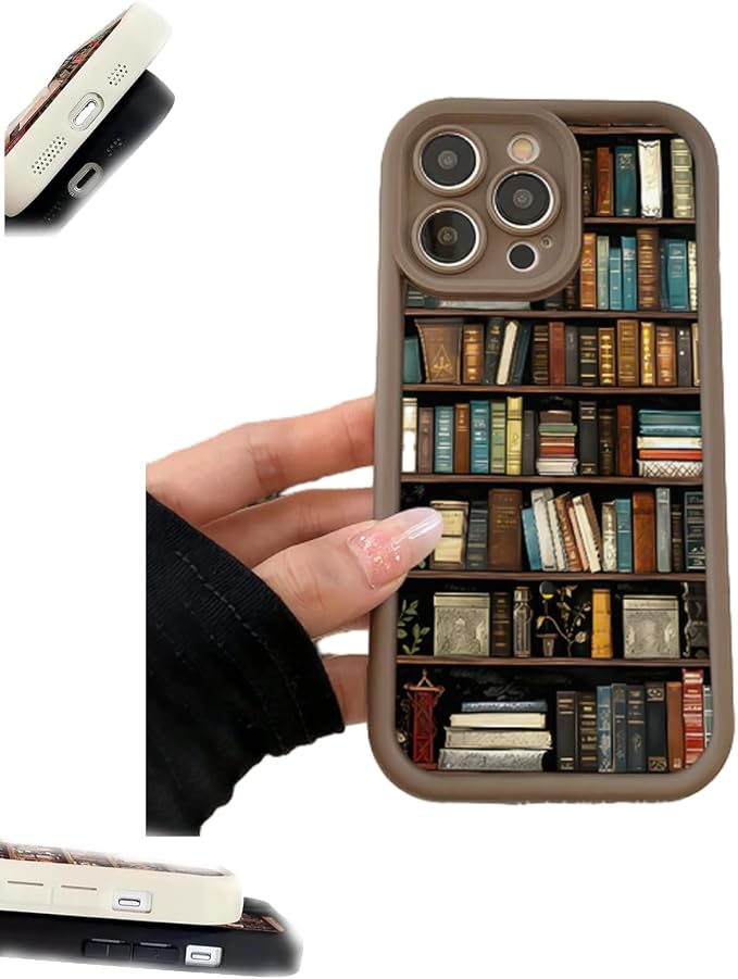 Bookshelf Phone Case, Book Phone Case, Non Slip TPU Soft for Men Women, Vintage Portable for Iphone16/15/14/13pro Max (Brown,iPhone 15)