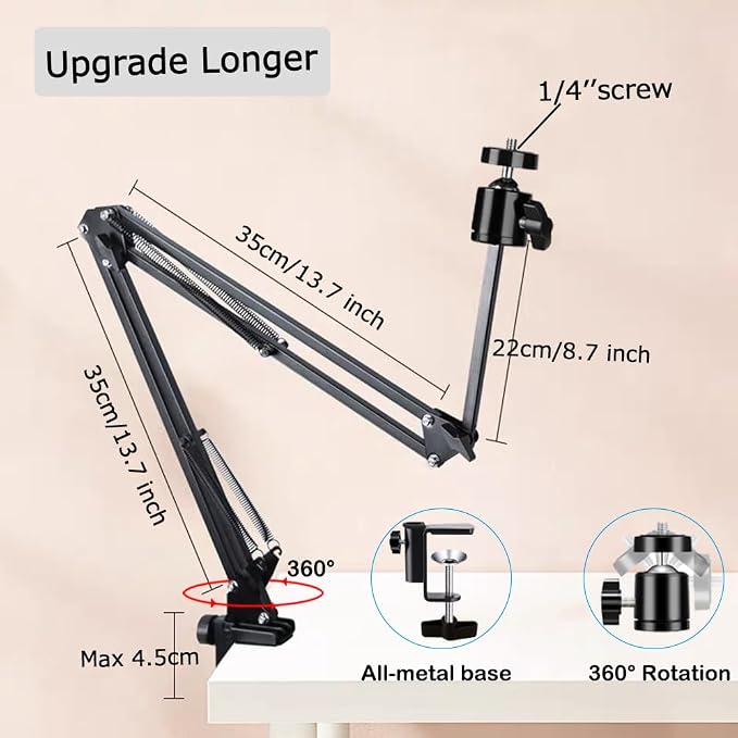 Overhead Tripod Mount for Camera Webcam Ring Light, Long Over Head Articulating Arm with Phone Holder and Ball Head, Desktop Lazy Arm Clamp Phone Stand Accessory for Live Streaming,Video Recording