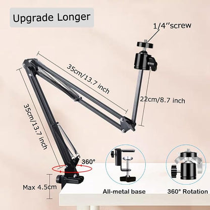 Overhead Tripod Mount for Camera Webcam Ring Light, Long Over Head Articulating Arm with Phone Holder and Ball Head, Desktop Lazy Arm Clamp Phone Stand Accessory for Live Streaming,Video Recording