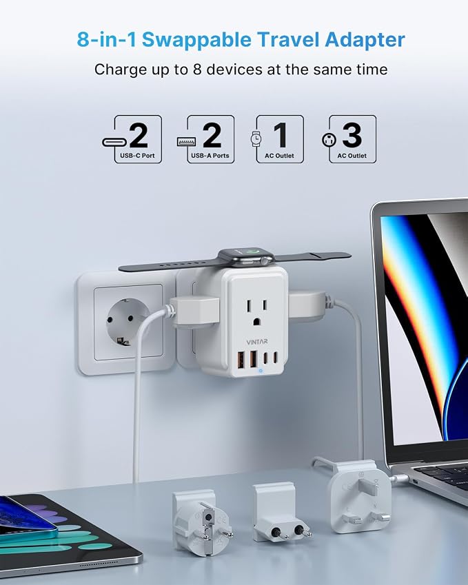 European Travel Plug Adapter for Apple Watch Charger, VINTAR International Power Adapter with 3 AC Outlets 4 USB Ports (2 USB C), Type C/G/E/F Detachable Plugs, US to Europe UK France Italy Spain