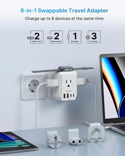 European Travel Plug Adapter for Apple Watch Charger, VINTAR International Power Adapter with 3 AC Outlets 4 USB Ports (2 USB C), Type C/G/E/F Detachable Plugs, US to Europe UK France Italy Spain