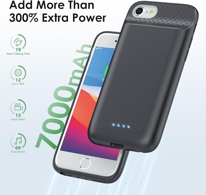 Battery Case for iPhone 8/7/6s/6/SE (2022/2020),[2025 Upgraded] 7000mAh Ultra-Slim Portable Extended Charger Cover for iPhone 8/7/6s/6/SE (2022/2020) Charging Case (4.7 Inch)-Black