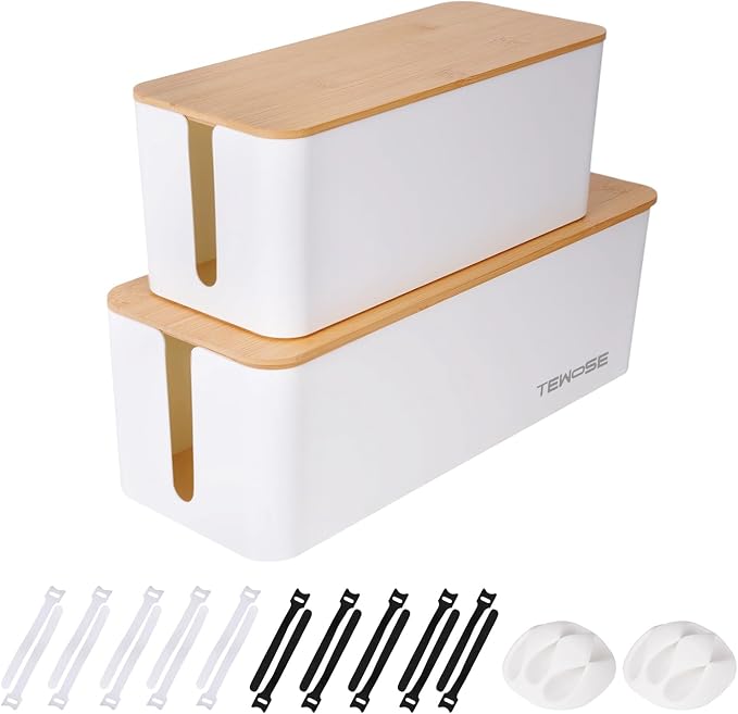 Cable Management Box 2 Pack, Cord Organizer for TV Cables Computer Wires, Under Desk Cord Hider with Bamboo Lid, Large Power Strip Cover for Home Office Router USB Hub, Child Proof Pet Proof - White