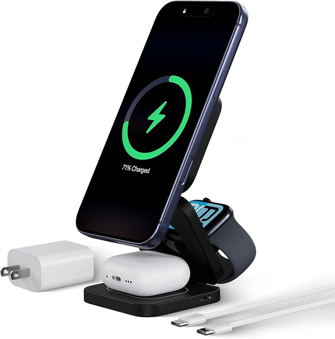 KU XIU X55 Turbo Qi2.2 25W 3-in-1 Charging Station for Apple Device, Foldable Magnetic Charger for iPhone 17/16, 5W for Apple Watch & AirPods, Fast Travel Wireless Charging Stand with 45W Adapter