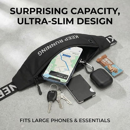 Slim Running Waist Pack for Women Men, Large Capacity Waist Belt with Organized Compartments, No-Bounce Secure Fit for Cycling, Hiking, Climbing Adventure & Reflective Safety Night Running - Black