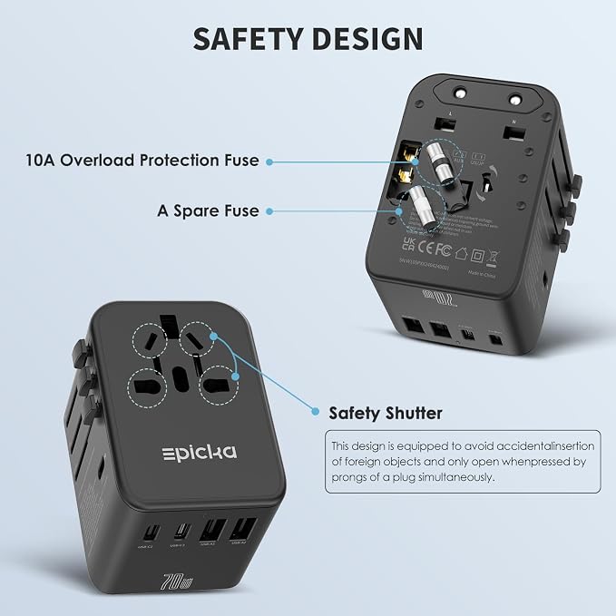 EPICKA Universal Travel Adapter, GaN International Plug Adapter with 3 USB-C 70W PD Fast Charging & 2 USB-A Adaptor All-in-one Wall Charger for USA EU UK AUS (TA-105 Pro, Black)