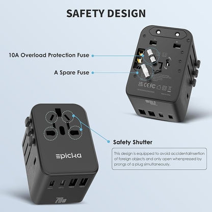 EPICKA Universal Travel Adapter, GaN International Plug Adapter with 3 USB-C 70W PD Fast Charging & 2 USB-A Adaptor All-in-one Wall Charger for USA EU UK AUS (TA-105 Pro, Black)