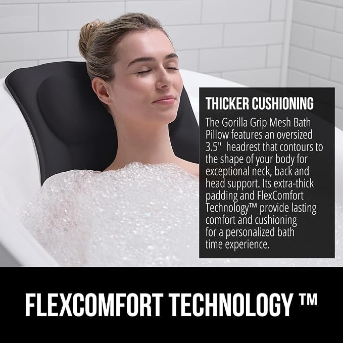 GORILLA GRIP Bath Pillow for Tub, 6 Strong Suction Cups, 4D Mesh FlexComfort Headrest for Neck, Head and Back Support, Luxury Machine Washable Pillows, Bathtub Accessories, Spa Gifts for Women, Black
