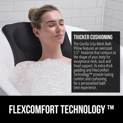 GORILLA GRIP Bath Pillow for Tub, 6 Strong Suction Cups, 4D Mesh FlexComfort Headrest for Neck, Head and Back Support, Luxury Machine Washable Pillows, Bathtub Accessories, Spa Gifts for Women, Black