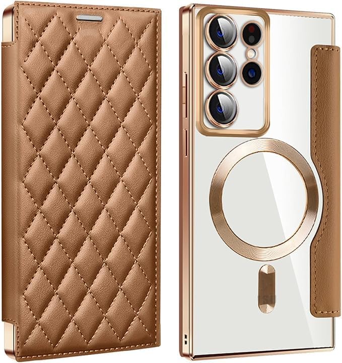 Leather Case for Samsung Galaxy S25 Ultra/S25 Plus/S25, RFID Blocking Flip Case Wireless Charging Magnetic with Card Holder Phone Cover (Brown,S25 Plus)