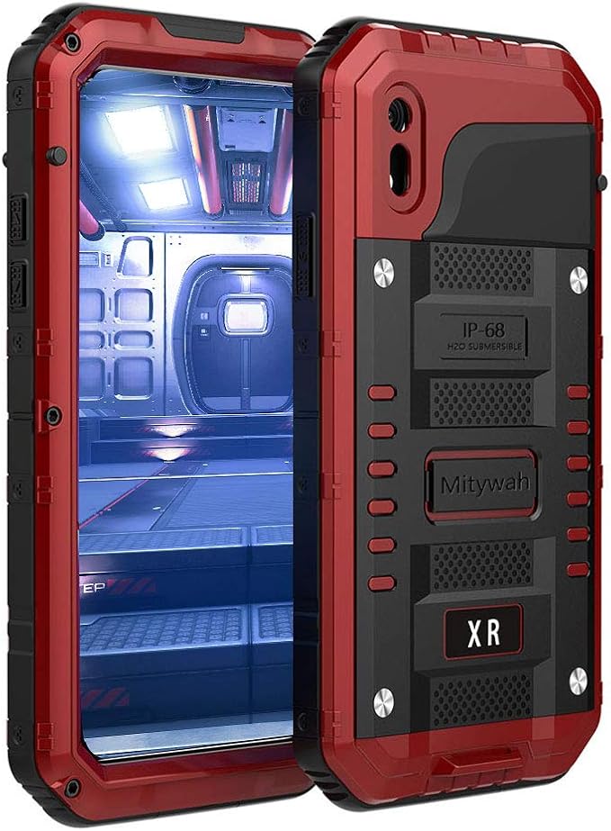 Mitywah Waterproof Case for iPhone XR, Heavy Duty Military Grade Shockproof Case with Built-in Screen Protector, Full Body Underwater Protective Metal Case 6.1 inch, Red
