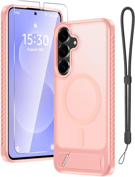 for Samsung Galaxy S25 FE Case with Screen Protector+Lanyard Wrist Strap,Magnetic Translucent Matte Rugged Slim Phone Cover Built in Invisible Kickstand [Fit for MagSafe],2025 Cute Pink