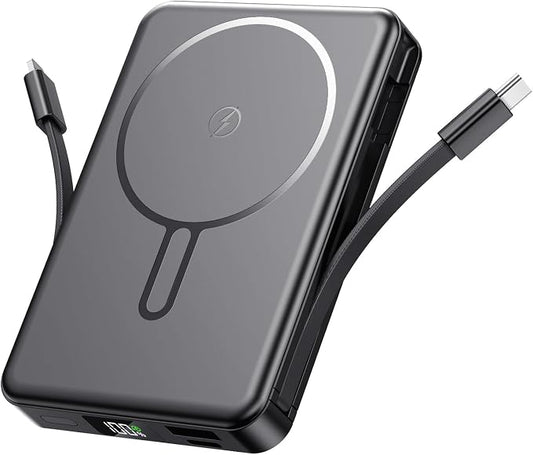 Magnetic Portable Charger, Power Bank Fast Charging 22.5W 10000mAh, Portable Charger with Built in Cable, for Magsafe Battery Pack Compatible with iPhone 17/16/15/14/13/12 Pro/Pro Max, Samsung Black