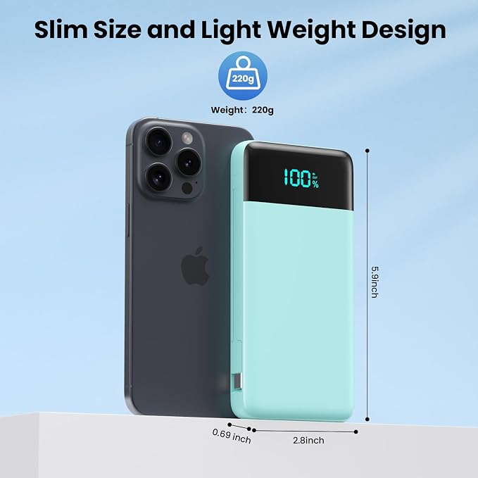 Portable Charger for iPhone,13800mAh Slim Power Bank with Built-in Cables & AC Wall Plug,All in One 4 Outputs USB C Fast Charging Battery Pack Travel Essential for iPhone 17/16/15/14,Android (Green)