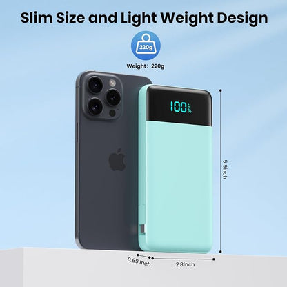 Portable Charger for iPhone,13800mAh Slim Power Bank with Built-in Cables & AC Wall Plug,All in One 4 Outputs USB C Fast Charging Battery Pack Travel Essential for iPhone 17/16/15/14,Android (Green)