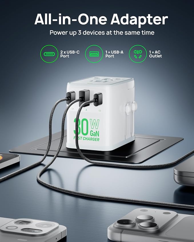 Travel Adapter, 30W GaN Fast Charging European Plug Adapter Worldwide Universal Charger with 4 Ports 1 AC, 1 USB-A, and 2 USB-C Ports Plug Adapter for USA European UK AUS Japan, White
