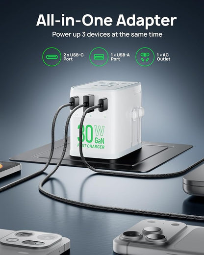 Travel Adapter, 30W GaN Fast Charging European Plug Adapter Worldwide Universal Charger with 4 Ports 1 AC, 1 USB-A, and 2 USB-C Ports Plug Adapter for USA European UK AUS Japan, White