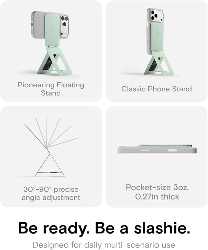 MOFT Phone Tripod Stand Selfie Stick for iPhone, Multi-Angles iPhone Stand, Lightweight & Portable Phone Holder, Strong Magnets, MOVAS Vegan Leather, Travel Essentials, Peppermint (Without Card Slot)