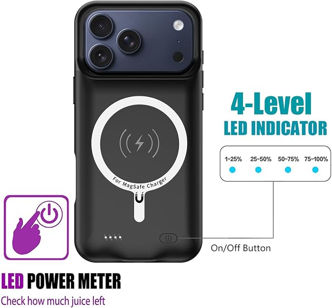 Battery Case for iPhone 17 Pro,10000mAh Rechargeable Portable Charging Case with Wireless Charging Compatible for iPhone 17 Pro (6.3 inch) 2025 with Carplay Extended Battery Pack Charger Cover (Black)