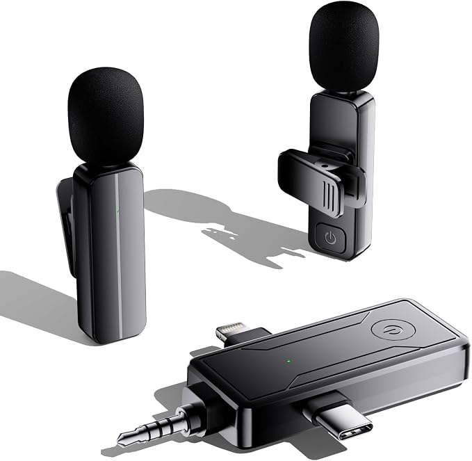 2-Pack Wireless Mini Lavalier Lapel Microphone for iPhone,Android Device(3 in 1) - 65ft Cordless Clip on Dual Mics with Noise Reduction 6H Working Time for Video Recording Vlogging, YouTube, Interview